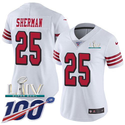 San Francisco 49ers Nike 25 Richard Sherman White Super Bowl LIV 2020 Rush Women Stitched NFL Limited 100th Season Jersey